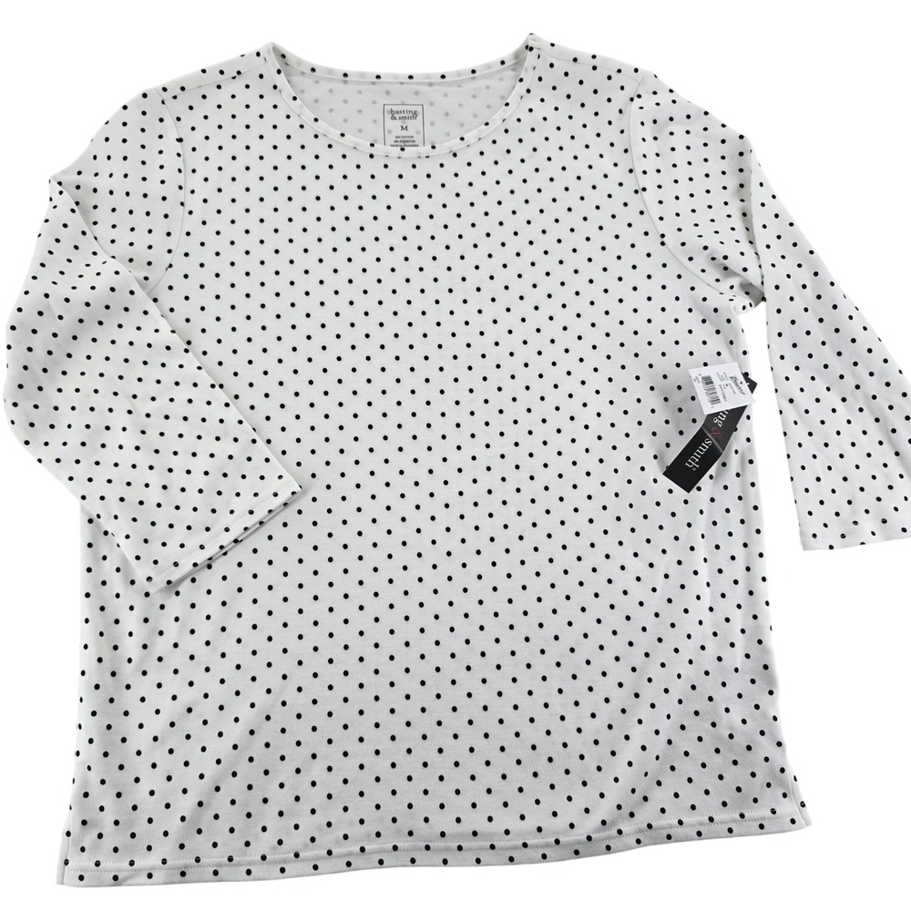 Hasting & Smith Top M BD0708E Polka Dot 3/4 Sleeve Knit White Black